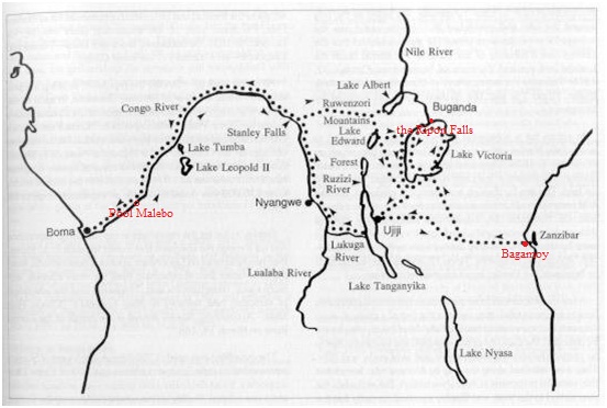 亨利•莫頓•史丹利兩次探勘剛果河路線示意圖