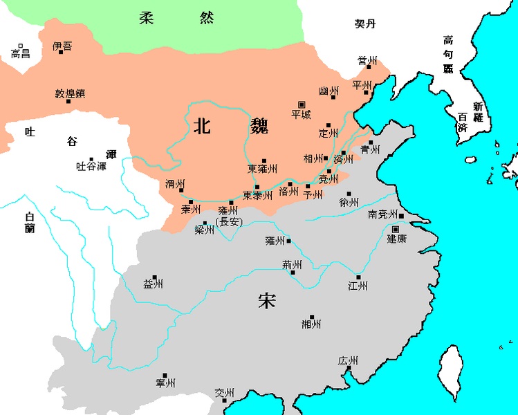 439~479年各割據勢力地理位置示意圖