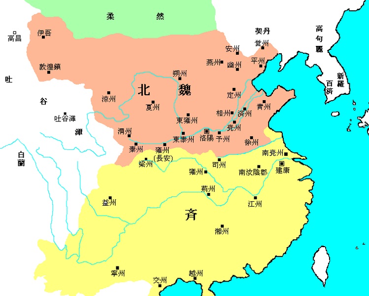 479~502年各割據勢力地理位置示意圖