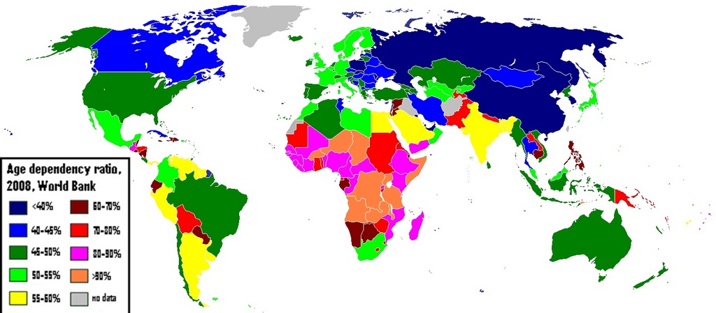 各國撫養比例示意圖_2008世界銀行資料